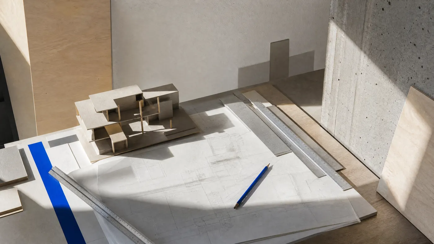 Zeichentisch mit Transparentpapier, Maßstablinealen und einem halb gebauten Kartonmodell